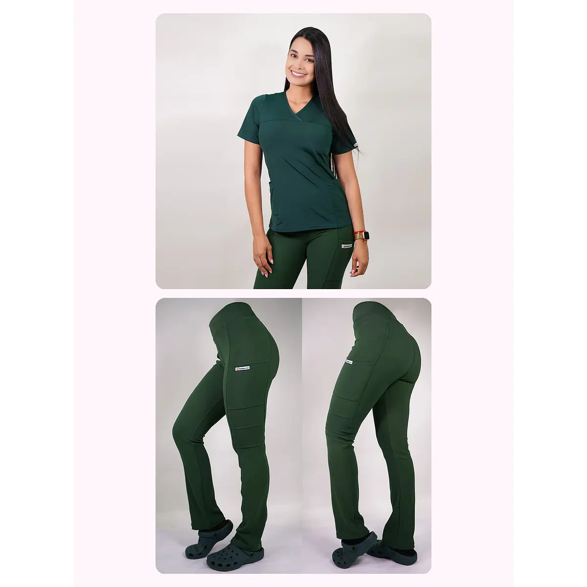 Dúo Clínico Delantal Elasticado + Pantalón Spandex Verde Botella — libreta de bolsillo para estudiantes de enfermería | Enfermera Rosada (1)