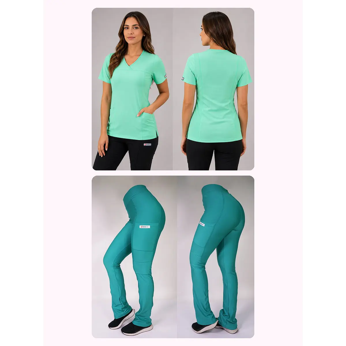Dúo Clínico Delantal Elasticado + Pantalón Spandex Verde Pastel — libreta de bolsillo para estudiantes de enfermería | Enfermera Rosada (1)