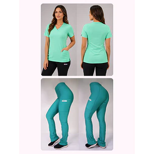 Dúo Clínico Delantal Elasticado + Pantalón Spandex Verde Pastel — libreta de bolsillo para estudiantes de enfermería | Enfermera Rosada