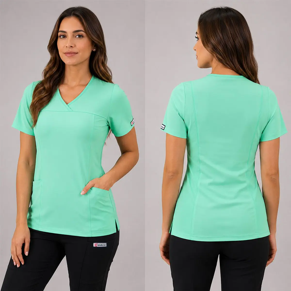 Dúo Clínico Delantal Elasticado + Pantalón Spandex Verde Pastel — libreta de bolsillo para estudiantes de enfermería | Enfermera Rosada (2)