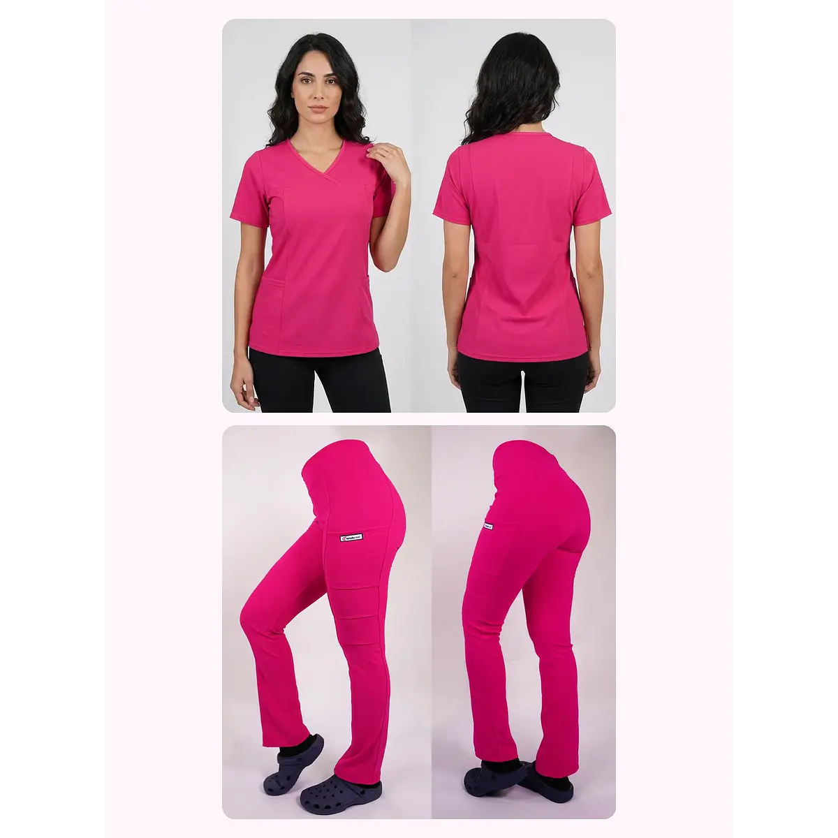 Dúo Clínico Delantal Elasticado + Pantalón Spandex Fucsia — libreta de bolsillo para estudiantes de enfermería | Enfermera Rosada (1)