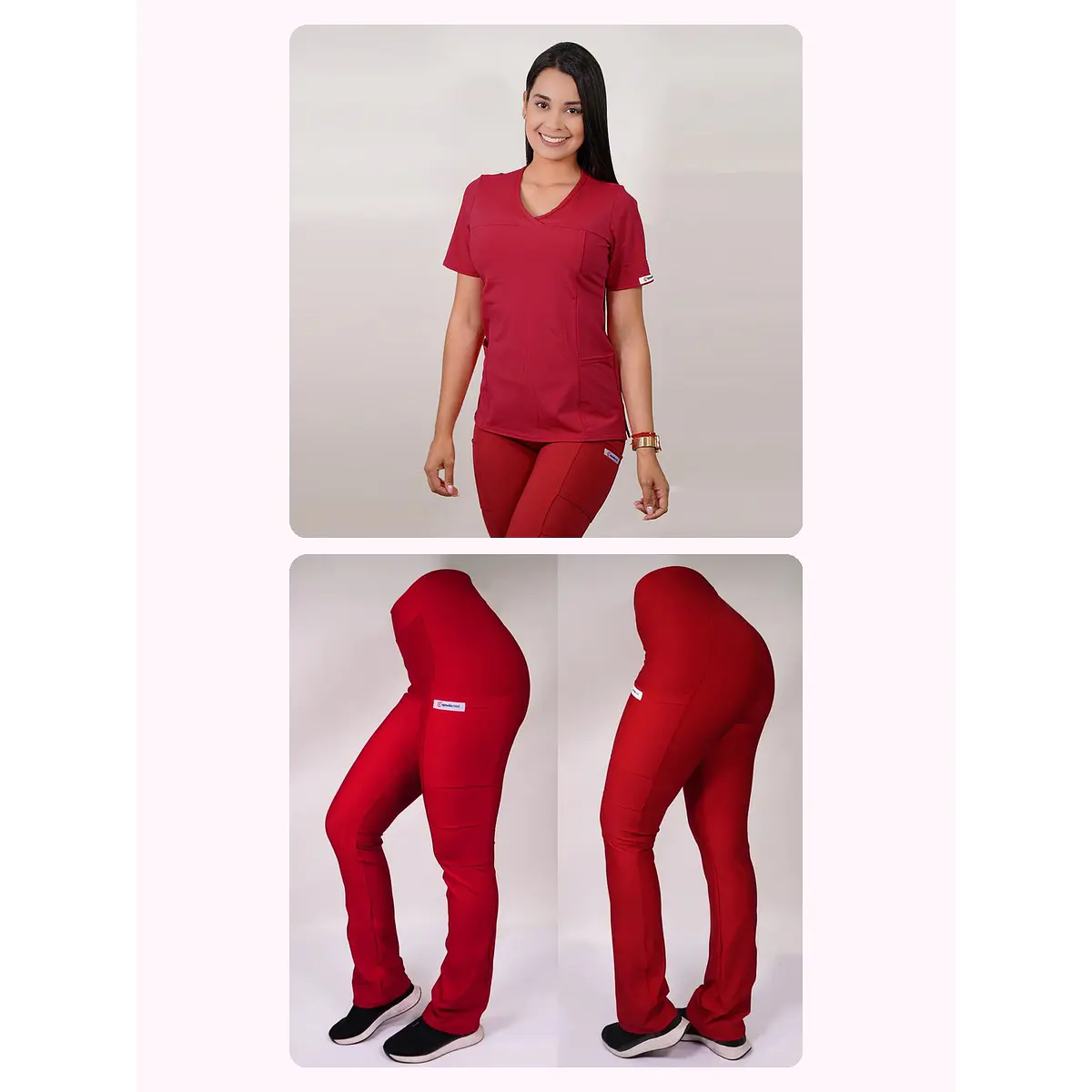 Dúo Clínico Delantal Elasticado + Pantalón Spandex Rojo — libreta de bolsillo para estudiantes de enfermería | Enfermera Rosada (1)