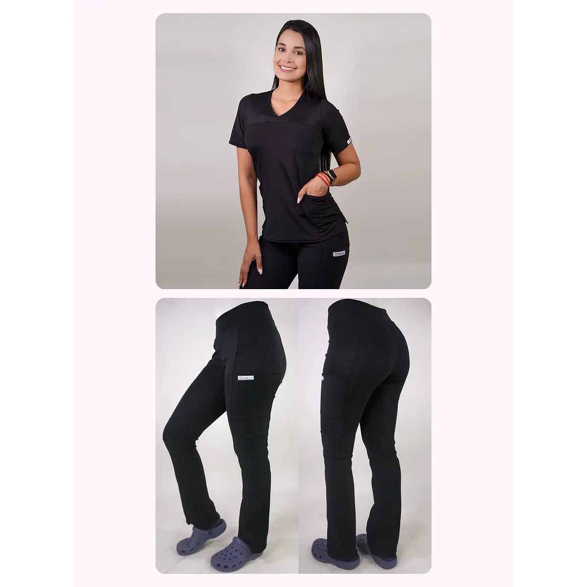Dúo Clínico Delantal Elasticado + Pantalón Spandex Negro — libreta de bolsillo para estudiantes de enfermería | Enfermera Rosada (1)