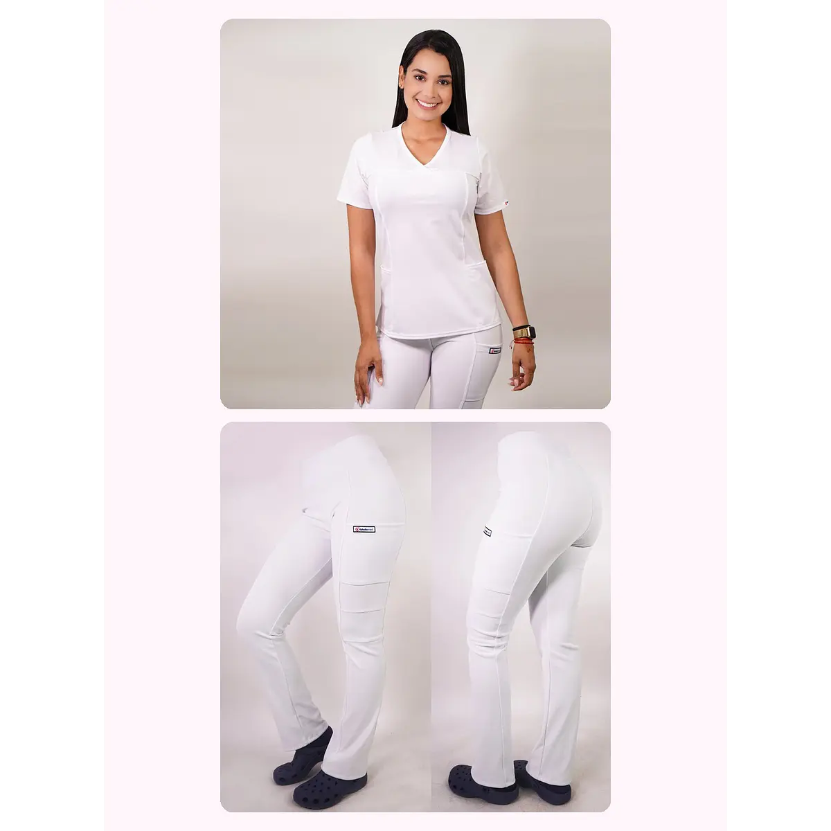 Dúo Clínico Delantal Elasticado + Pantalón Spandex Blanco — libreta de bolsillo para estudiantes de enfermería | Enfermera Rosada (1)