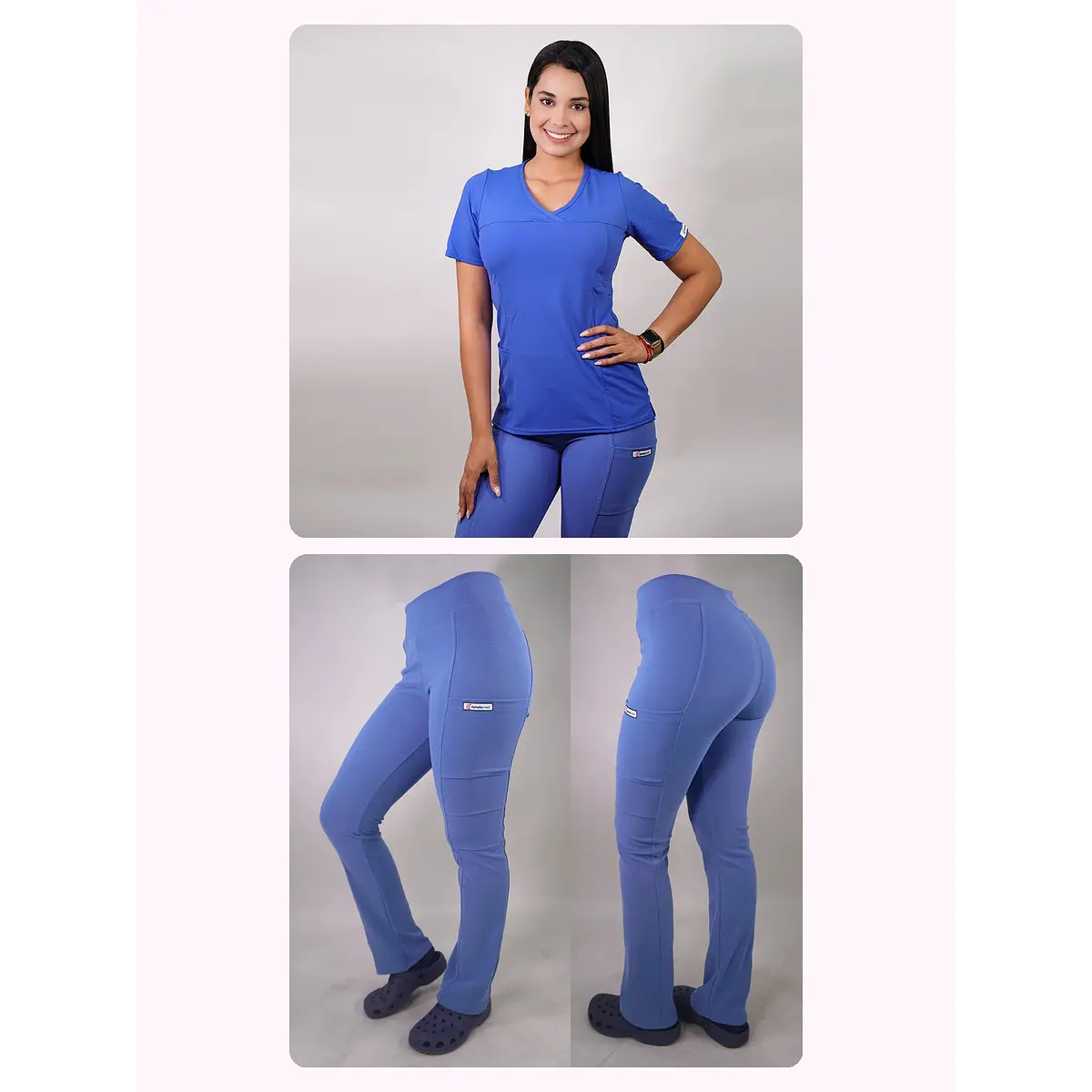 Dúo Clínico Delantal Elasticado + Pantalón Spandex Celeste — libreta de bolsillo para estudiantes de enfermería | Enfermera Rosada (1)
