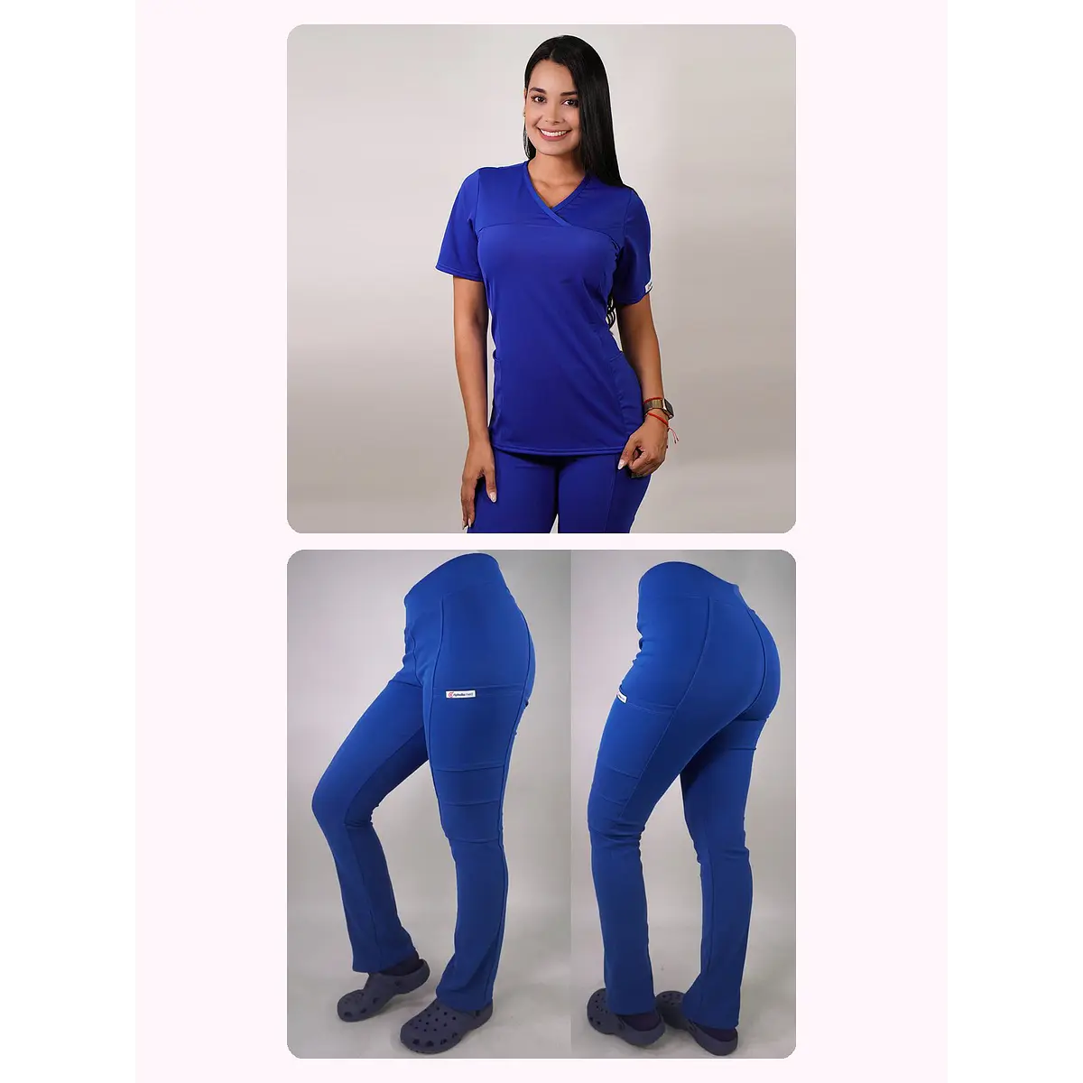 Dúo Clínico Delantal Elasticado + Pantalón Spandex Azul Rey — libreta de bolsillo para estudiantes de enfermería | Enfermera Rosada (1)