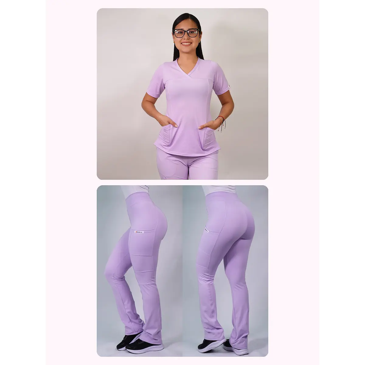 Dúo Clínico Delantal Elasticado + Pantalón Flexxy Lila Pastel — libreta de bolsillo para estudiantes de enfermería | Enfermera Rosada (1)