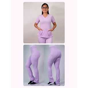 Dúo Clínico Delantal Elasticado + Pantalón Flexxy Lila Pastel — libreta de bolsillo para estudiantes de enfermería | Enfermera Rosada