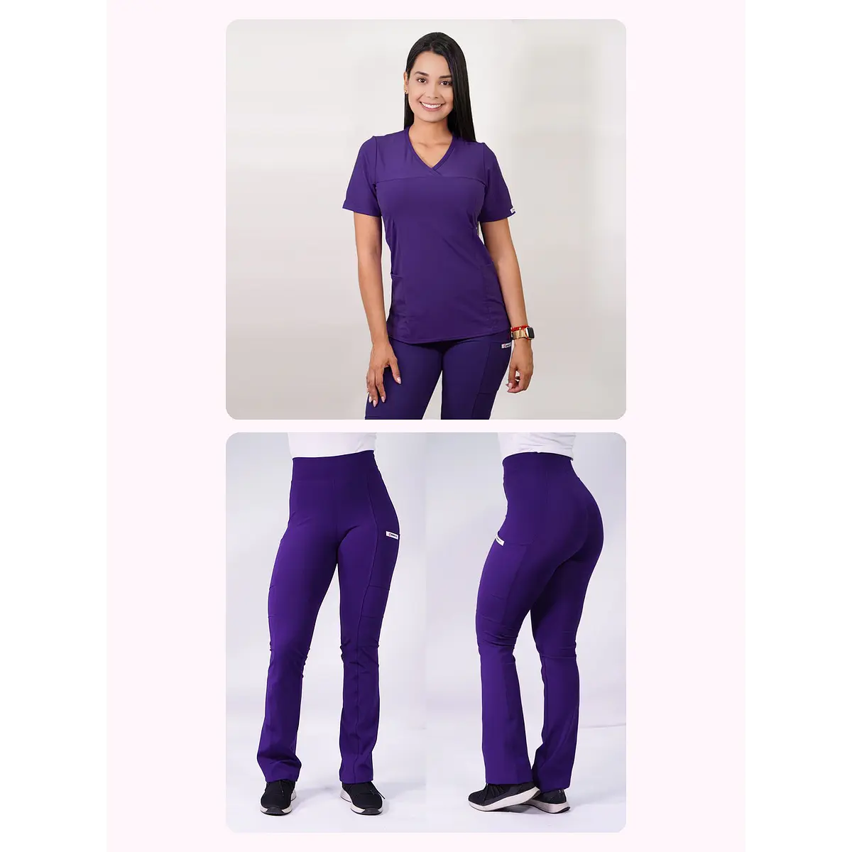 Dúo Clínico Delantal Elasticado + Pantalón Flexxy Morado — libreta de bolsillo para estudiantes de enfermería | Enfermera Rosada (1)