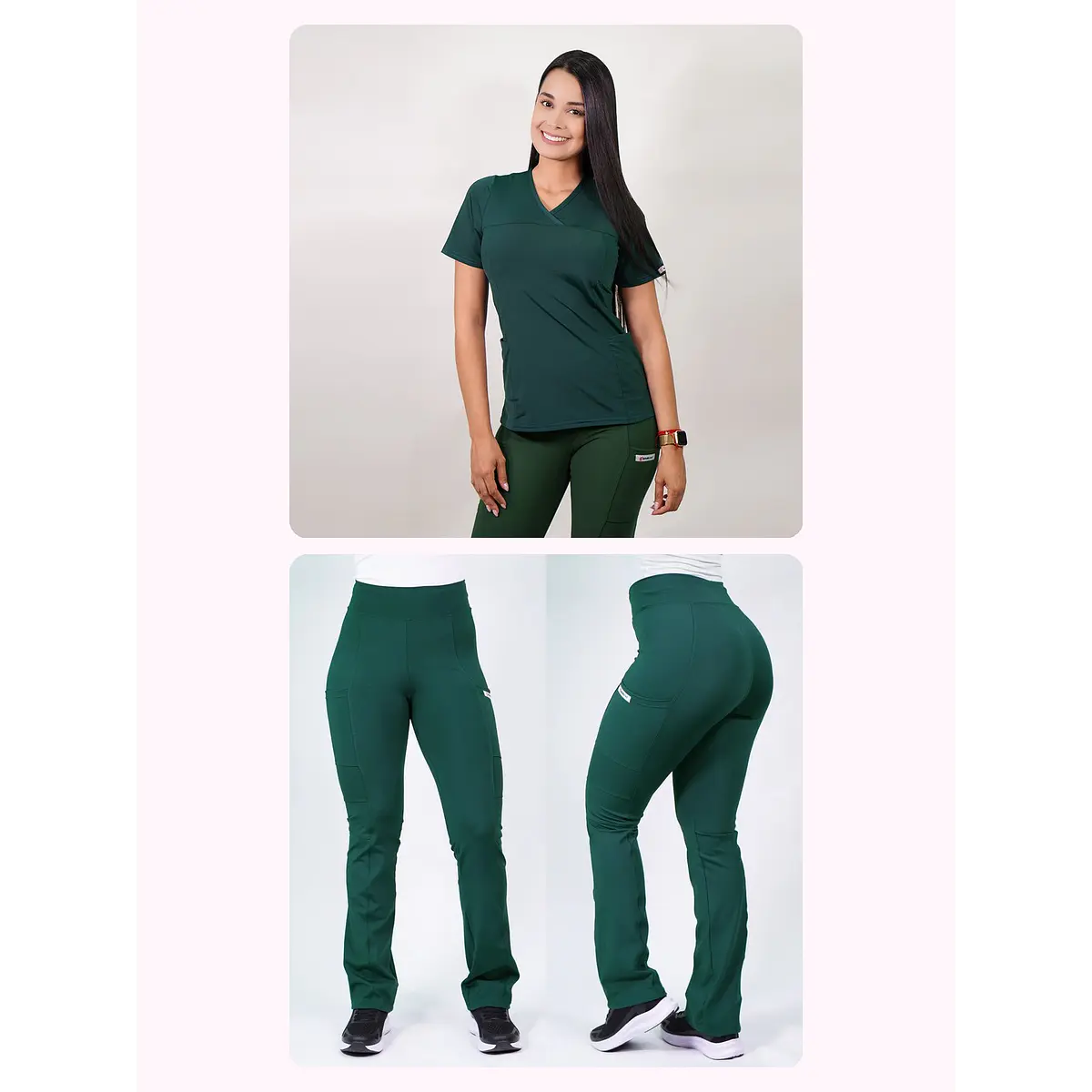 Dúo Clínico Delantal Elasticado + Pantalón Flexxy Verde Botella — libreta de bolsillo para estudiantes de enfermería | Enfermera Rosada (1)