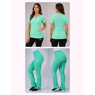 Dúo Clínico Delantal Elasticado + Pantalón Flexxy Verde Pastel — libreta de bolsillo para estudiantes de enfermería | Enfermera Rosada