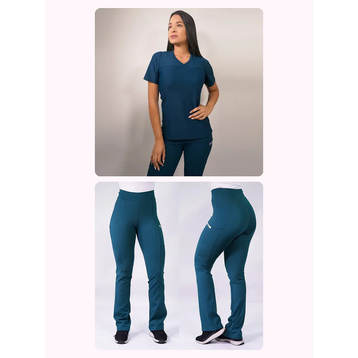 Dúo Clínico Delantal Elasticado + Pantalón Flexxy Verde Petróleo — libreta de bolsillo para estudiantes de enfermería | Enfermera Rosada (1)