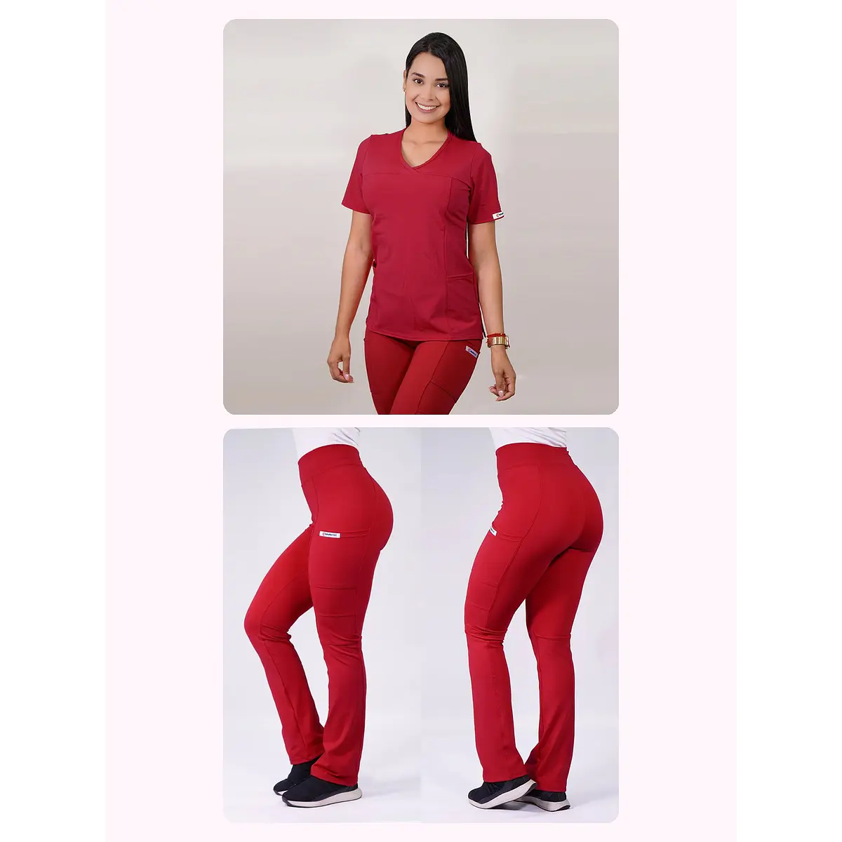 Dúo Clínico Delantal Elasticado + Pantalón Flexxy Rojo — libreta de bolsillo para estudiantes de enfermería | Enfermera Rosada (1)