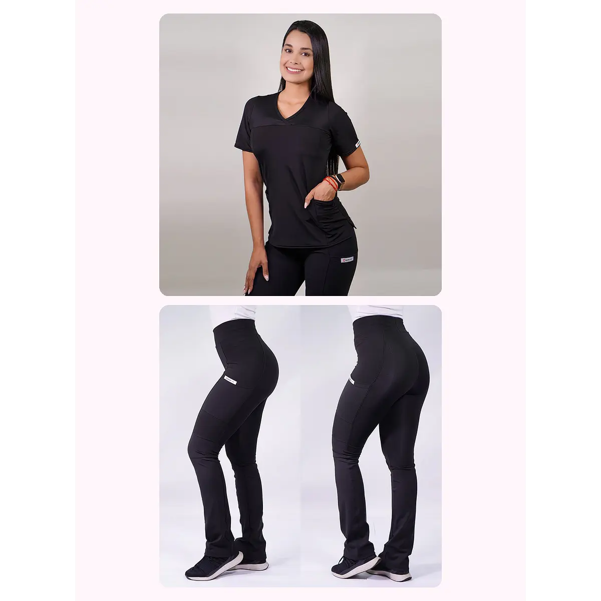 Dúo Clínico Delantal Elasticado + Pantalón Flexxy Negro — libreta de bolsillo para estudiantes de enfermería | Enfermera Rosada (1)