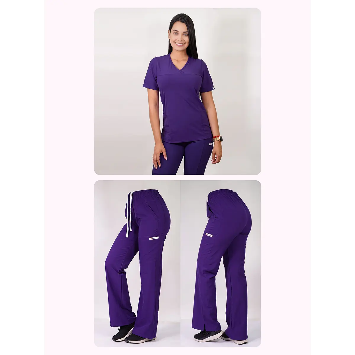 Dúo Clínico Delantal Elasticado + Pantalón Roma Morado — libreta de bolsillo para estudiantes de enfermería | Enfermera Rosada (1)
