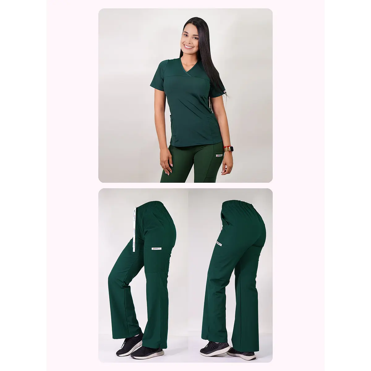 Dúo Clínico Delantal Elasticado + Pantalón Roma Verde Botella — libreta de bolsillo para estudiantes de enfermería | Enfermera Rosada (1)