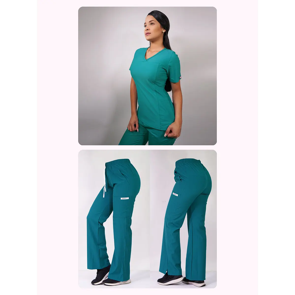 Dúo Clínico Delantal Elasticado + Pantalón Roma Verde Turquesa — libreta de bolsillo para estudiantes de enfermería | Enfermera Rosada (1)