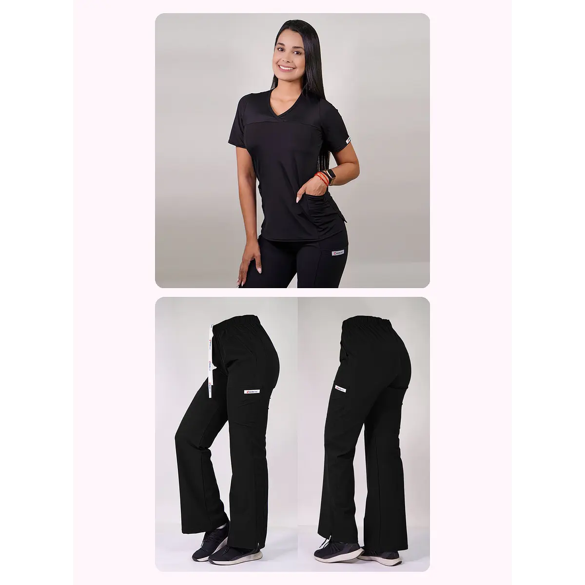 Dúo Clínico Delantal Elasticado + Pantalón Roma Negro — libreta de bolsillo para estudiantes de enfermería | Enfermera Rosada (1)