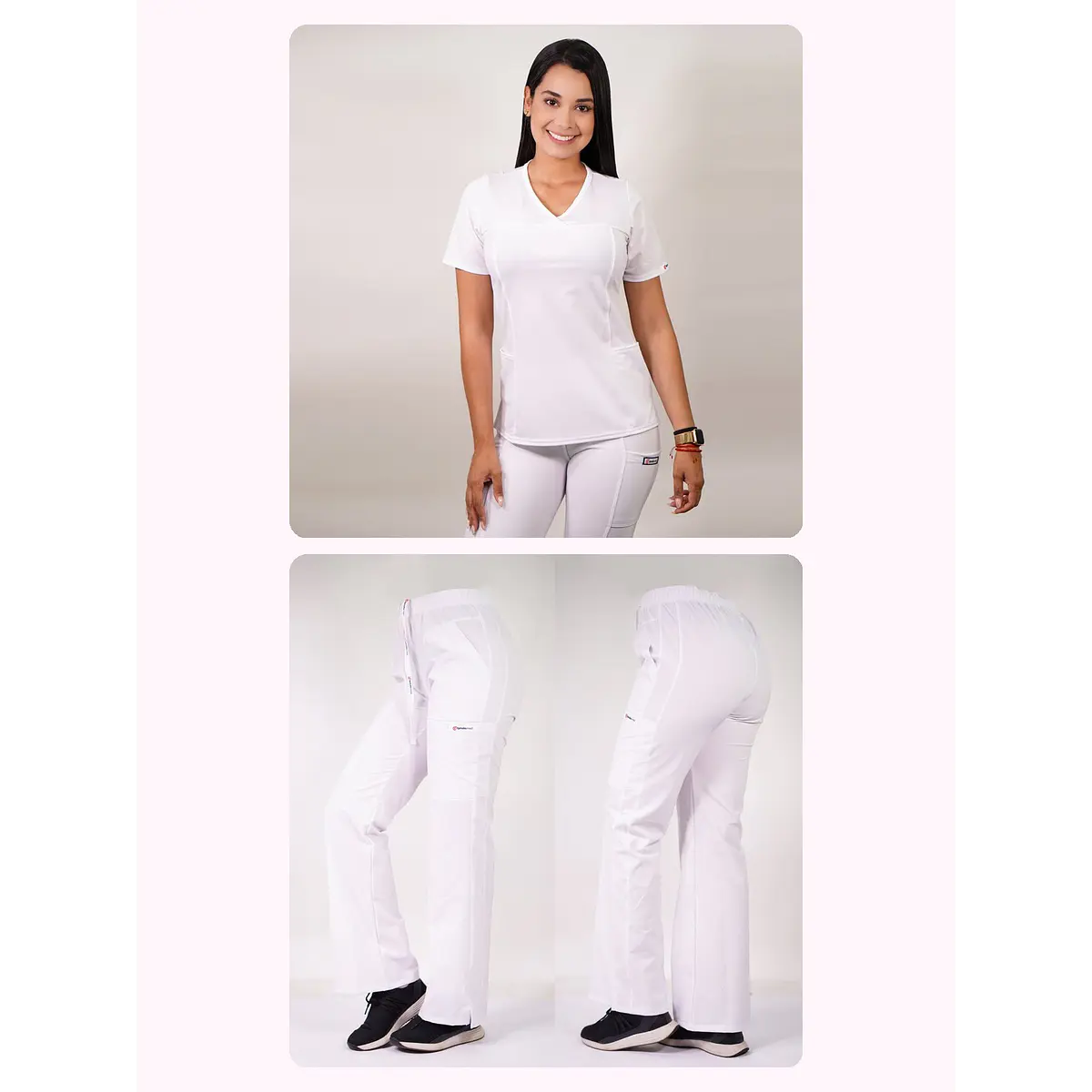 Dúo Clínico Delantal Elasticado + Pantalón Roma Blanco — libreta de bolsillo para estudiantes de enfermería | Enfermera Rosada (1)