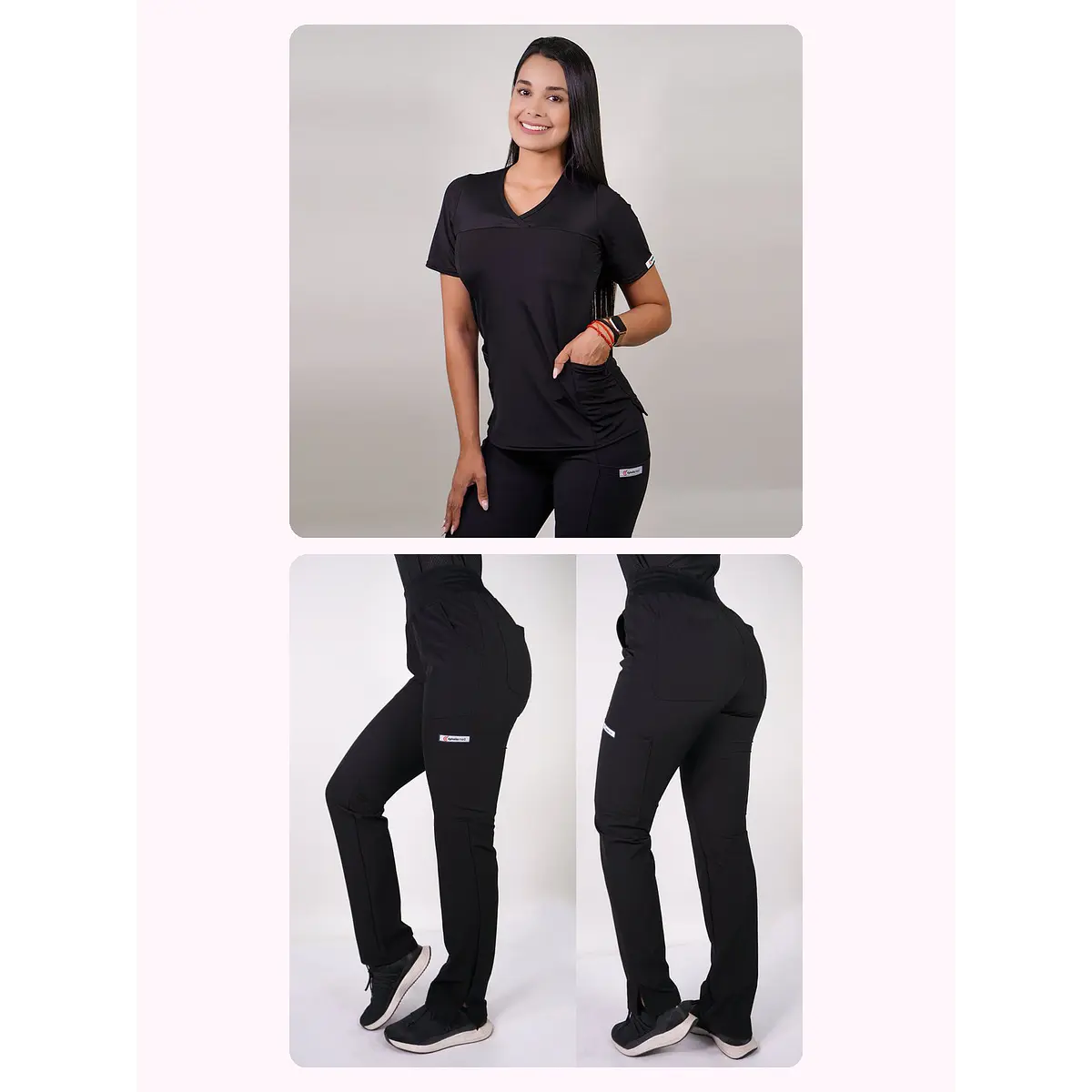 Dúo Clínico Delantal Elasticado + Pantalón PM Negro — libreta de bolsillo para estudiantes de enfermería | Enfermera Rosada (1)