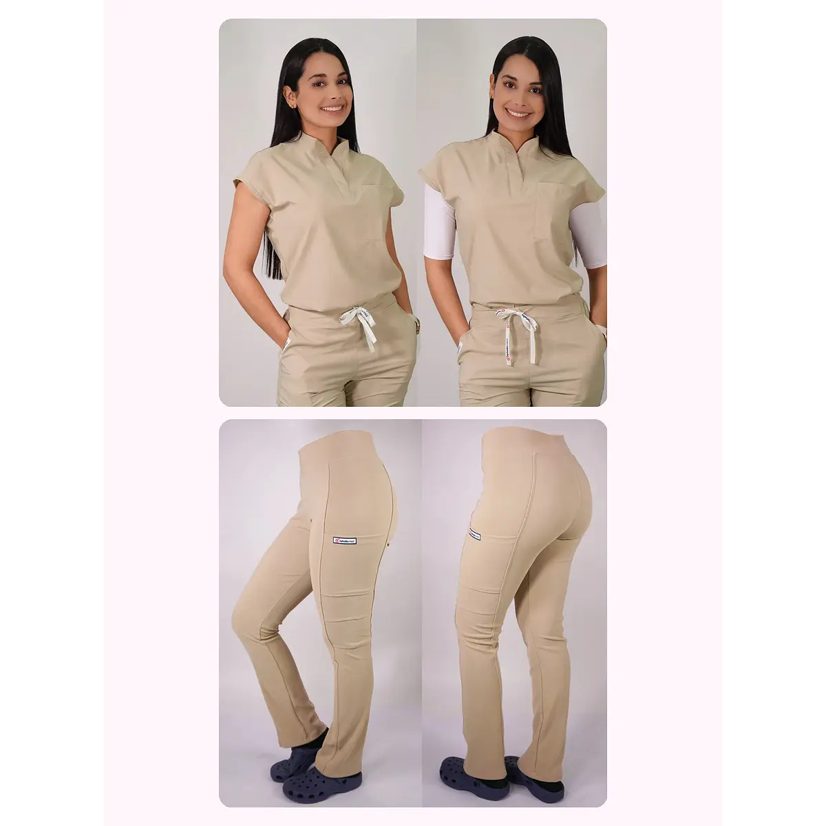 Dúo Clínico Delantal Amapola + Pantalón Spandex Beige — libreta de bolsillo para estudiantes de enfermería | Enfermera Rosada (1)