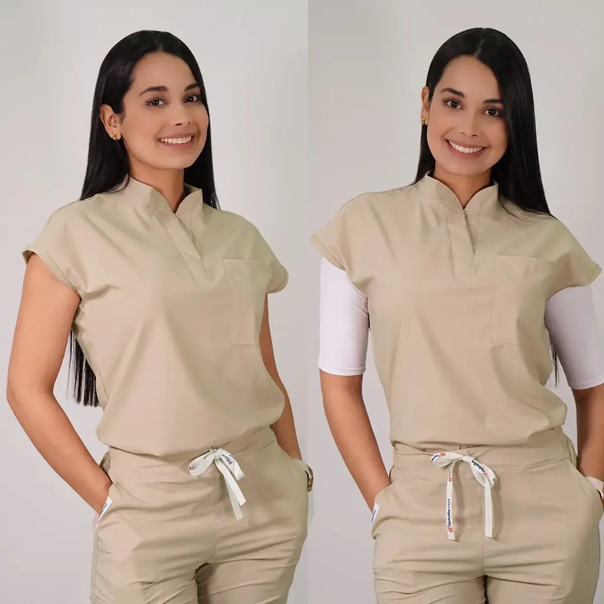 Dúo Clínico Delantal Amapola + Pantalón Spandex Beige — libreta de bolsillo para estudiantes de enfermería | Enfermera Rosada (2)