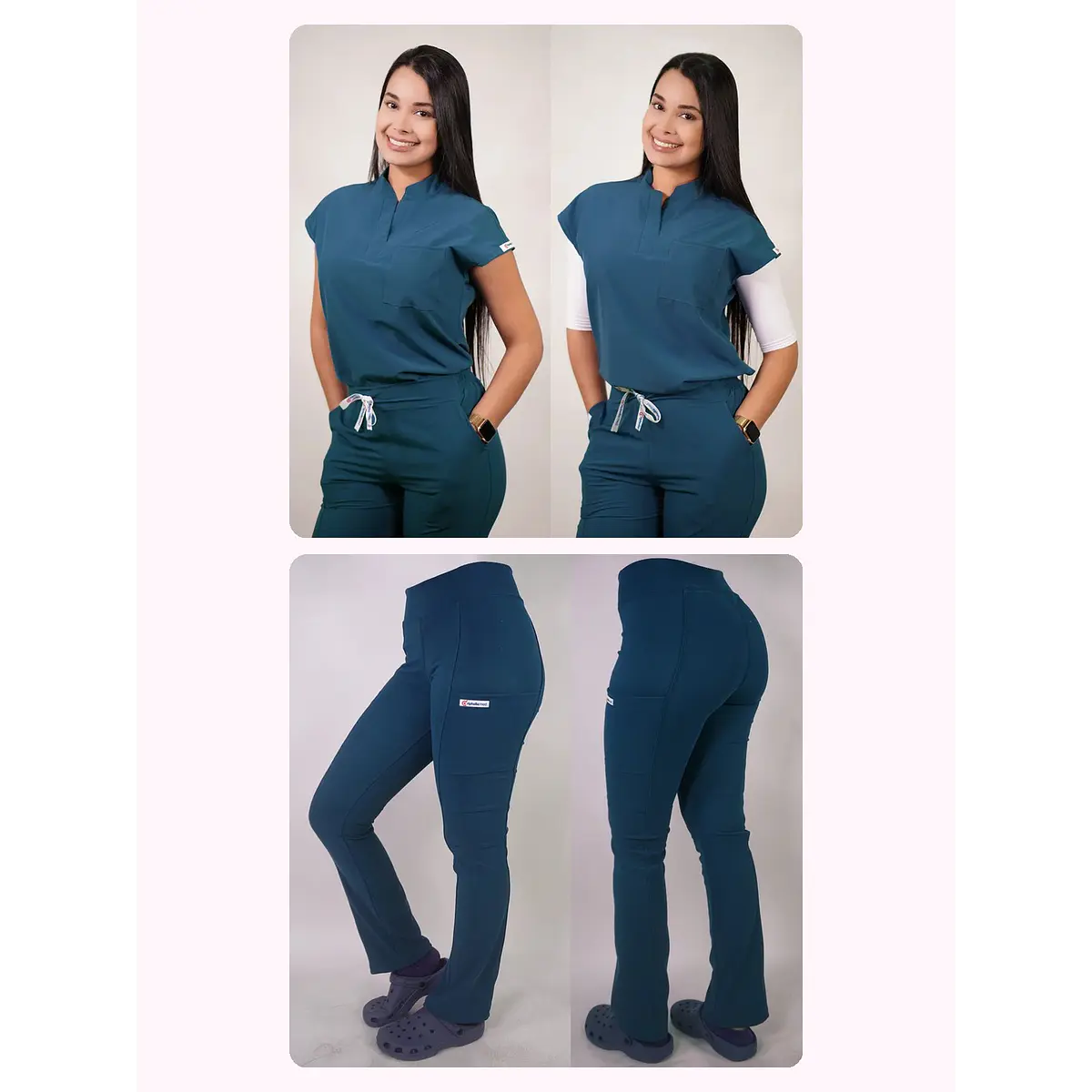 Dúo Clínico Delantal Amapola + Pantalón Spandex Verde Petróleo — libreta de bolsillo para estudiantes de enfermería | Enfermera Rosada (1)