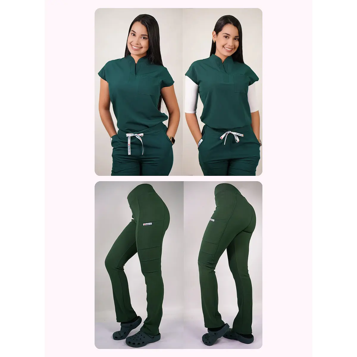 Dúo Clínico Delantal Amapola + Pantalón Spandex Verde Botella — libreta de bolsillo para estudiantes de enfermería | Enfermera Rosada (1)