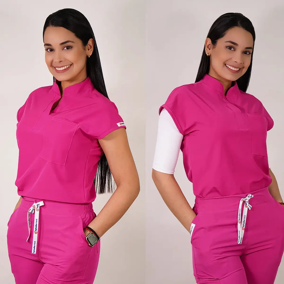 Dúo Clínico Delantal Amapola + Pantalón Spandex Fucsia — libreta de bolsillo para estudiantes de enfermería | Enfermera Rosada (2)