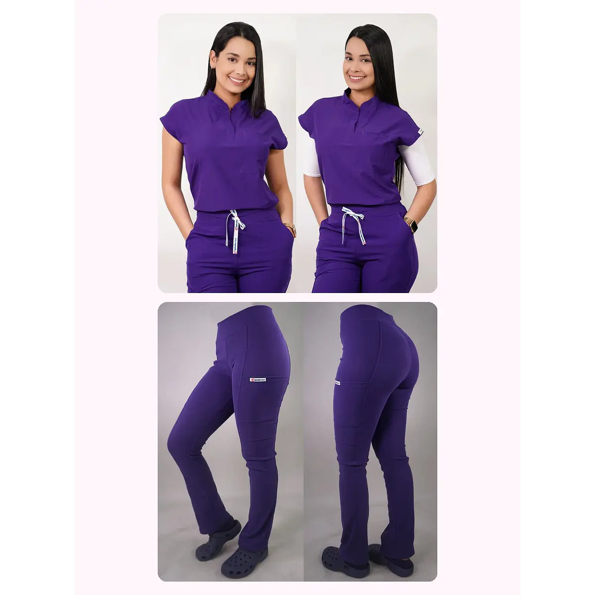 Dúo Clínico Delantal Amapola + Pantalón Spandex Morado — libreta de bolsillo para estudiantes de enfermería | Enfermera Rosada (1)