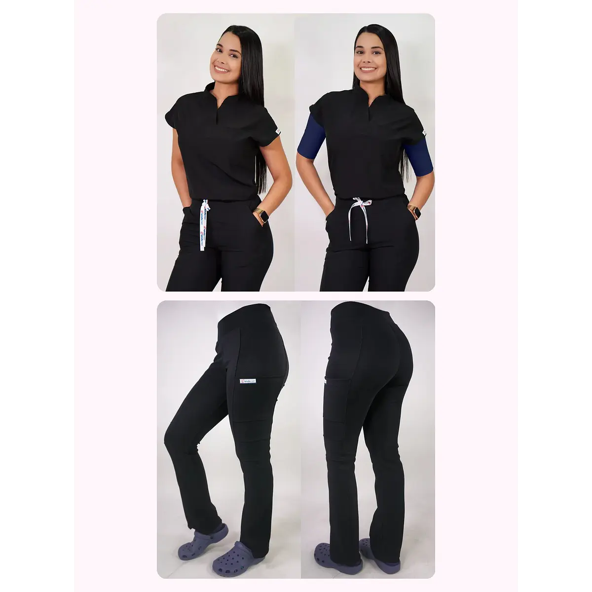 Dúo Clínico Delantal Amapola + Pantalón Spandex Negro — libreta de bolsillo para estudiantes de enfermería | Enfermera Rosada (1)