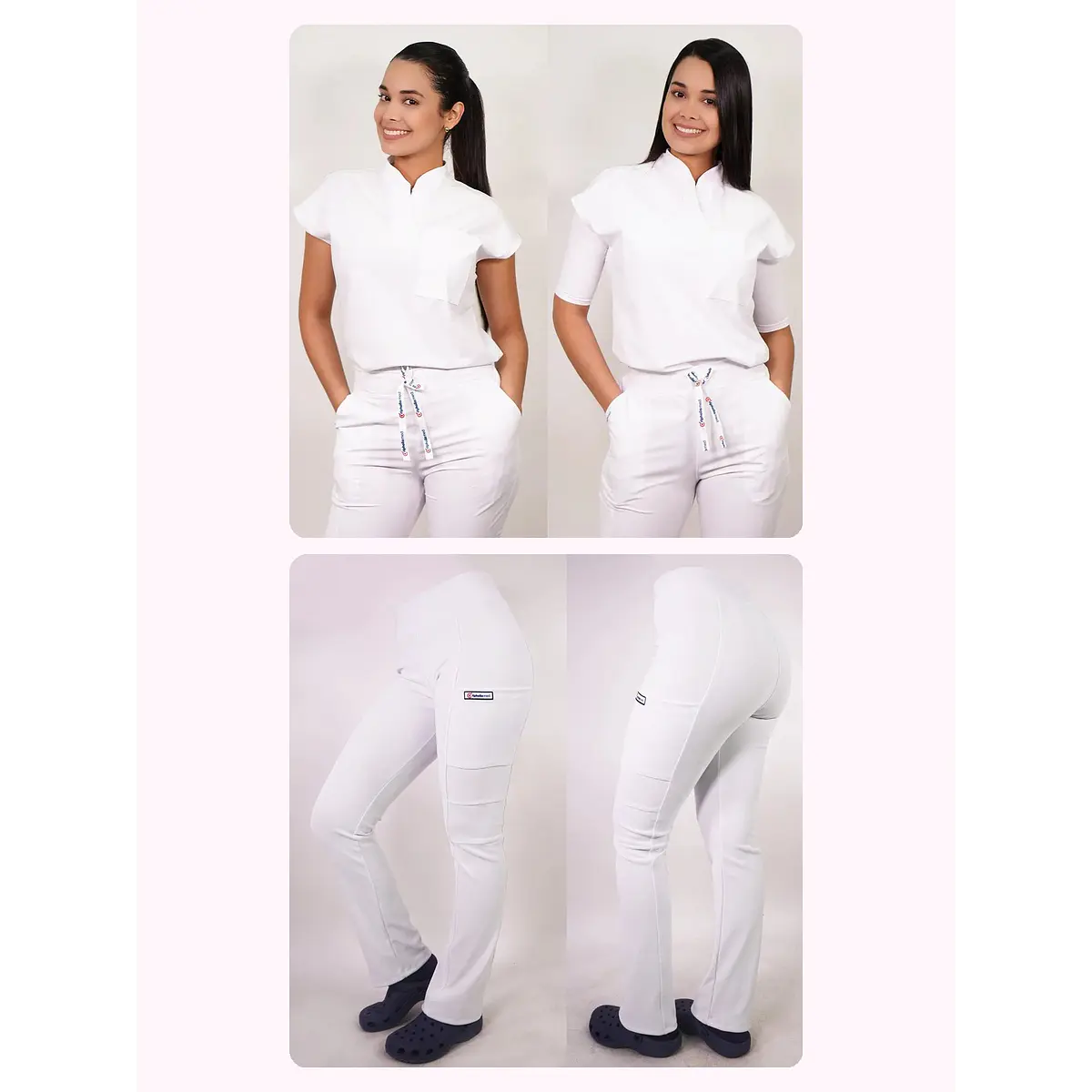 Dúo Clínico Delantal Amapola + Pantalón Spandex Blanco — libreta de bolsillo para estudiantes de enfermería | Enfermera Rosada (1)