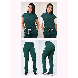 Dúo Clínico Delantal Amapola + Pantalón Flexxy Verde Botella — libreta de bolsillo para estudiantes de enfermería | Enfermera Rosada