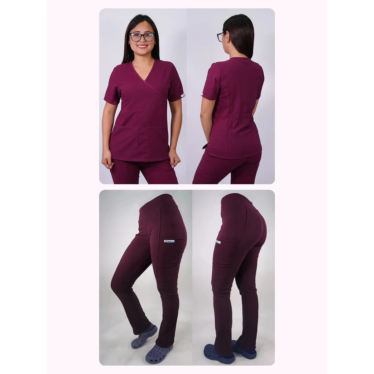 Dúo Clínico Delantal Cuello V + Pantalón Spandex Burdeo — libreta de bolsillo para estudiantes de enfermería | Enfermera Rosada (1)