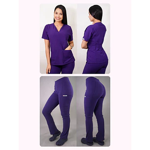 Dúo Clínico Delantal Cuello V + Pantalón Spandex Morado — libreta de bolsillo para estudiantes de enfermería | Enfermera Rosada