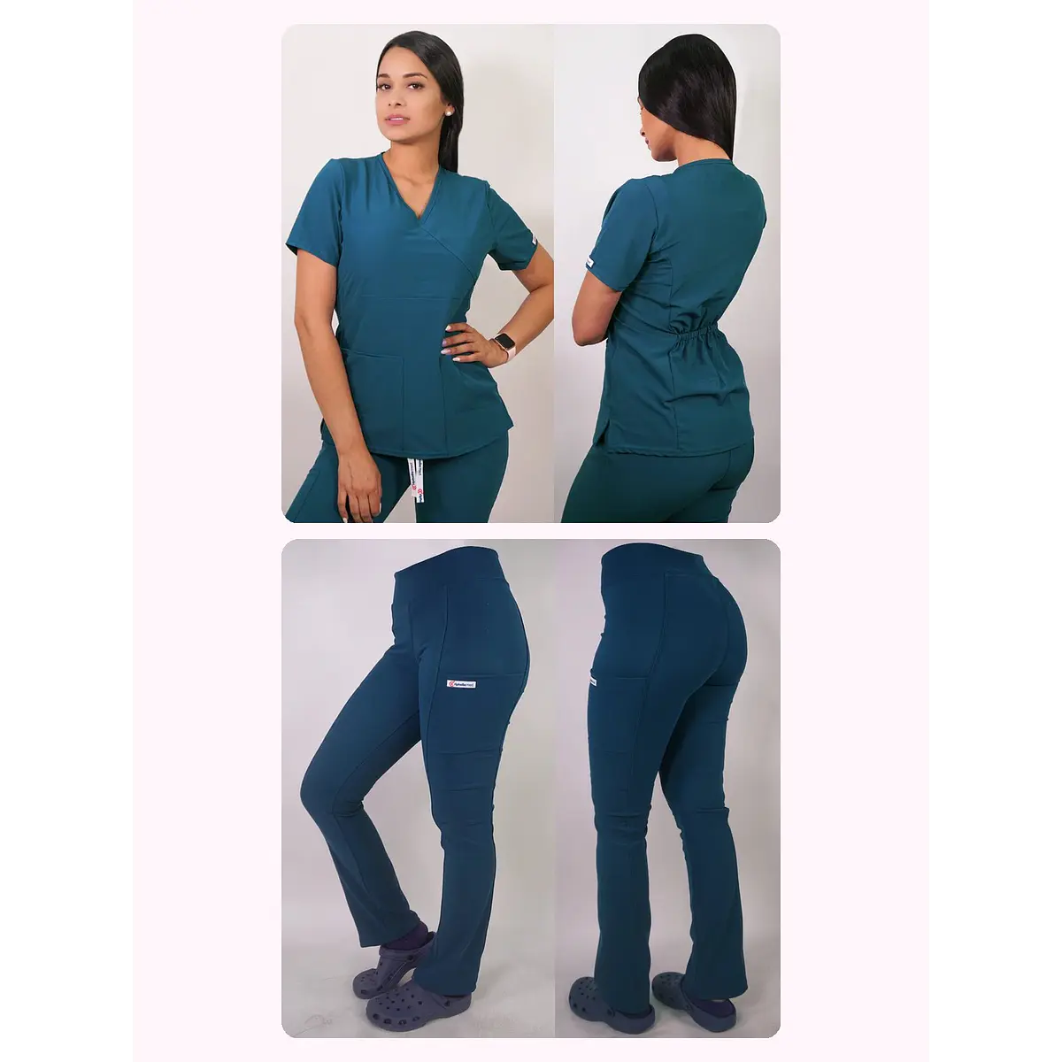 Dúo Clínico Delantal Cuello V + Pantalón Spandex Verde Petróleo — libreta de bolsillo para estudiantes de enfermería | Enfermera Rosada (1)