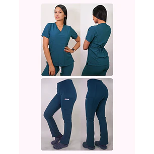 Dúo Clínico Delantal Cuello V + Pantalón Spandex Verde Petróleo — libreta de bolsillo para estudiantes de enfermería | Enfermera Rosada