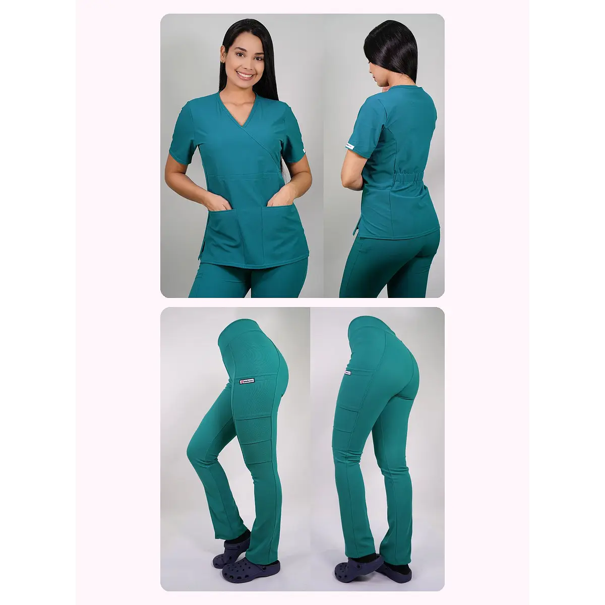 Dúo Clínico Delantal Cuello V + Pantalón Spandex Verde Turquesa — libreta de bolsillo para estudiantes de enfermería | Enfermera Rosada (1)