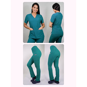 Dúo Clínico Delantal Cuello V + Pantalón Spandex Verde Turquesa — libreta de bolsillo para estudiantes de enfermería | Enfermera Rosada