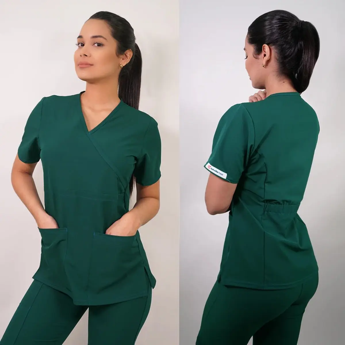 Dúo Clínico Delantal Cuello V + Pantalón Spandex Verde Botella — libreta de bolsillo para estudiantes de enfermería | Enfermera Rosada (2)
