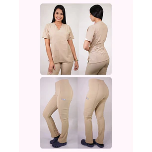 Dúo Clínico Delantal Cuello V + Pantalón Spandex Beige — libreta de bolsillo para estudiantes de enfermería | Enfermera Rosada