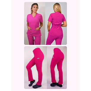 Dúo Clínico Delantal Cuello V + Pantalón Spandex Fucsia — libreta de bolsillo para estudiantes de enfermería | Enfermera Rosada