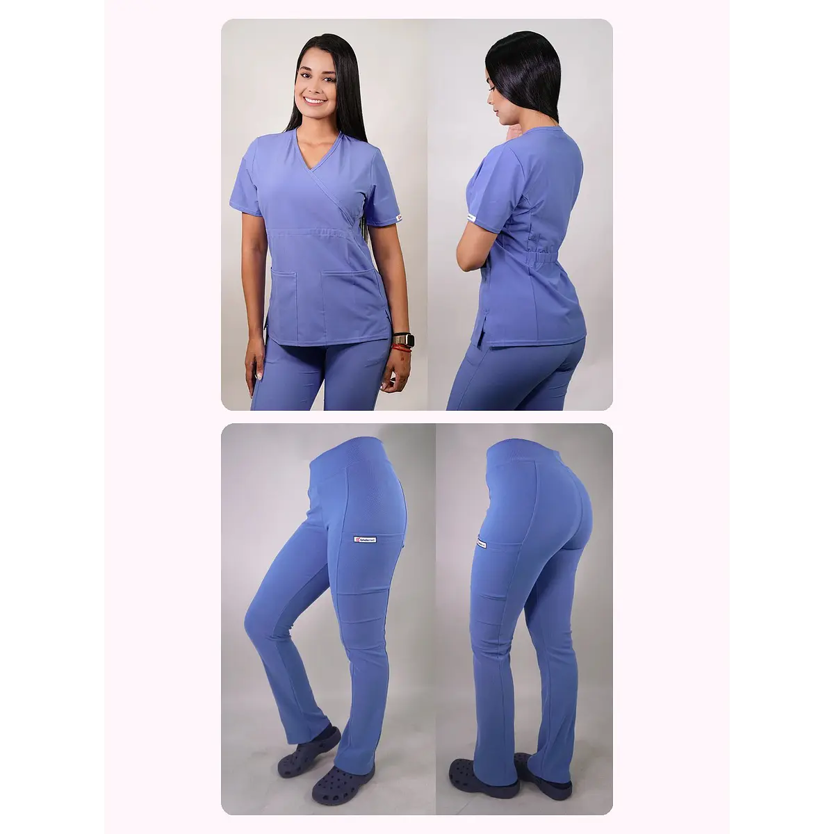 Dúo Clínico Delantal Cuello V + Pantalón Spandex Celeste — libreta de bolsillo para estudiantes de enfermería | Enfermera Rosada (1)