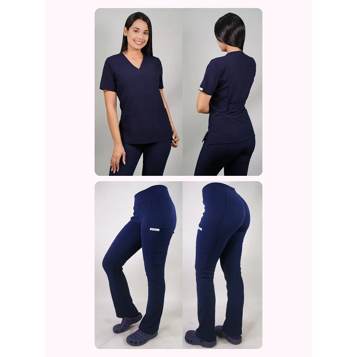 Dúo Clínico Delantal Cuello V + Pantalón Spandex Azul Marino — libreta de bolsillo para estudiantes de enfermería | Enfermera Rosada (1)