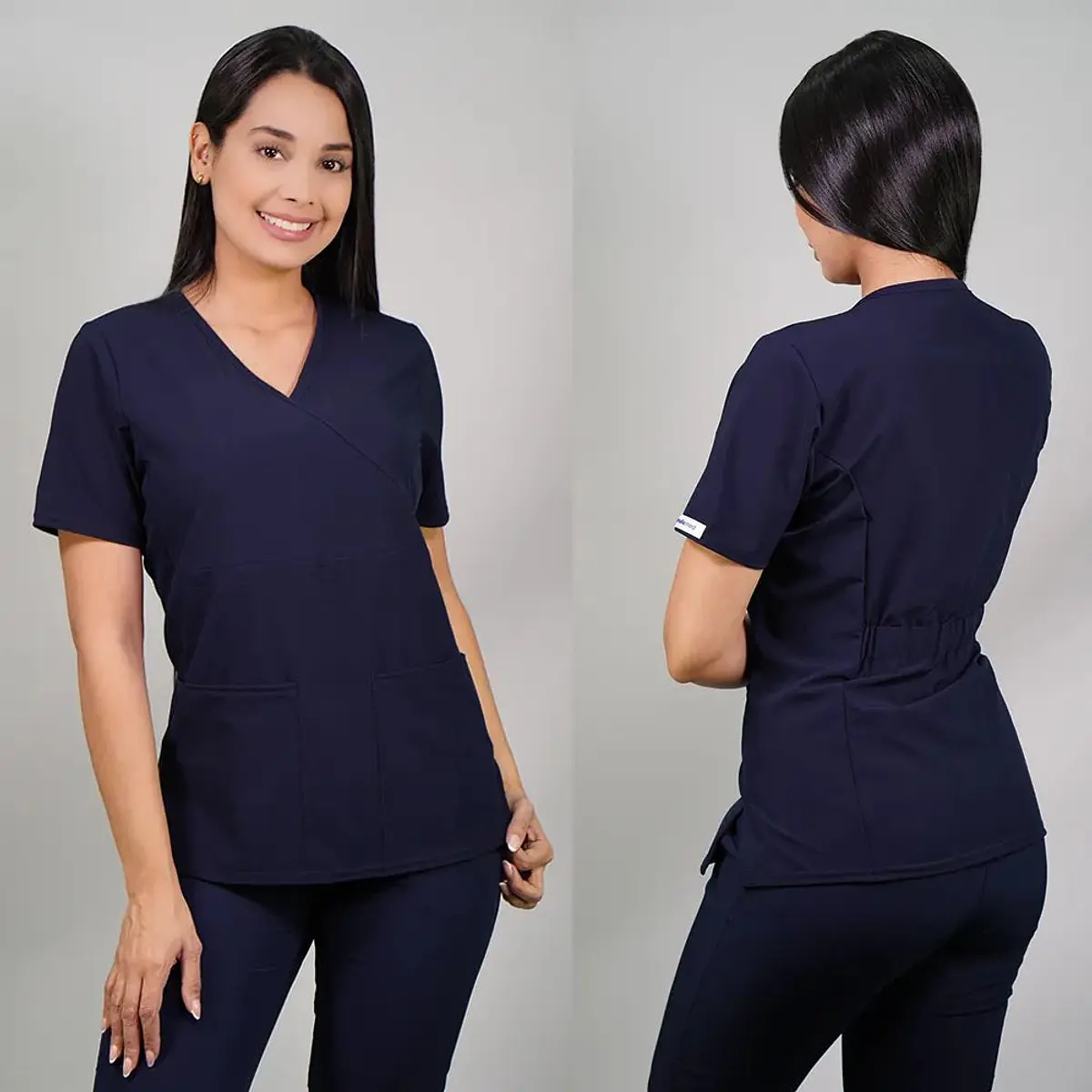 Dúo Clínico Delantal Cuello V + Pantalón Spandex Azul Marino — libreta de bolsillo para estudiantes de enfermería | Enfermera Rosada (2)