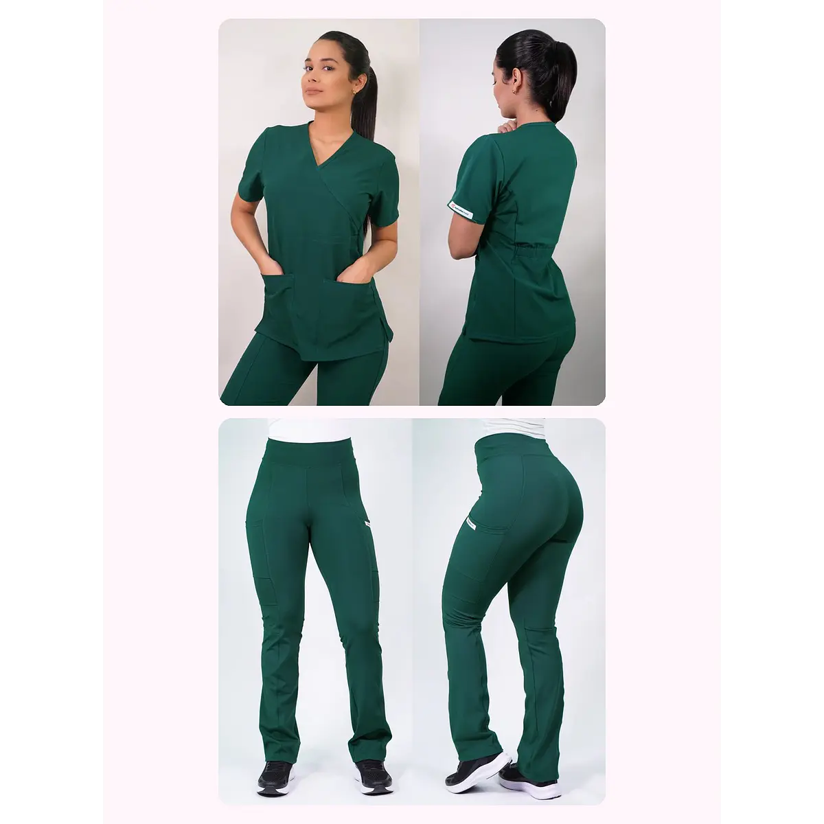 Dúo Clínico Delantal Cuello V + Pantalón Flexxy Verde Botella — libreta de bolsillo para estudiantes de enfermería | Enfermera Rosada (1)