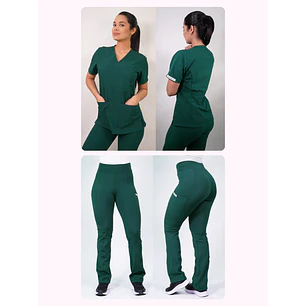 Dúo Clínico Delantal Cuello V + Pantalón Flexxy Verde Botella — libreta de bolsillo para estudiantes de enfermería | Enfermera Rosada