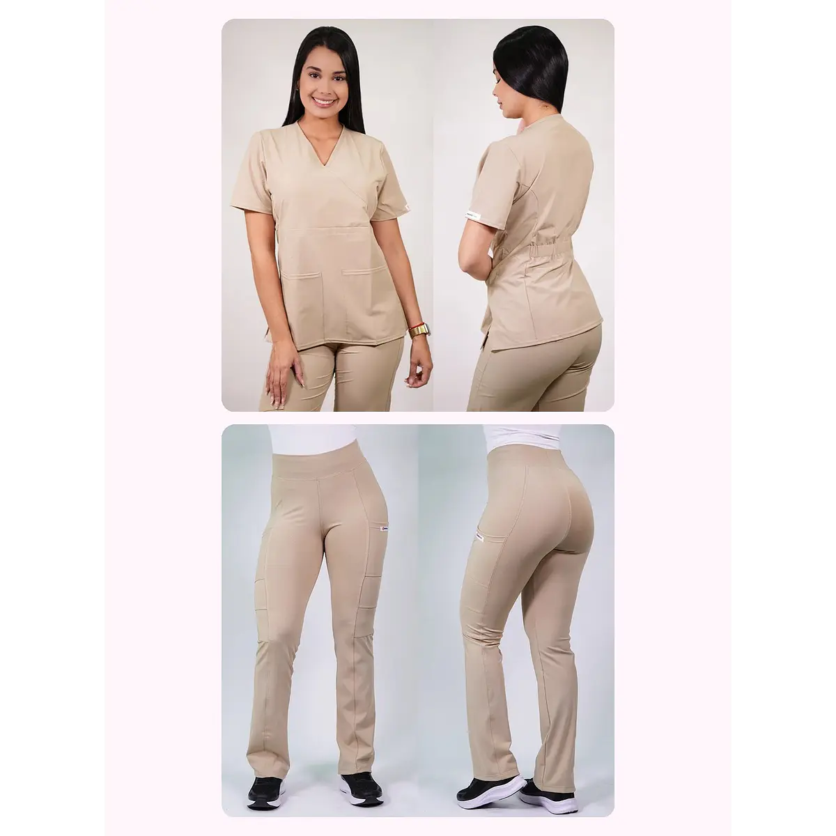 Dúo Clínico Delantal Cuello V + Pantalón Flexxy Beige — libreta de bolsillo para estudiantes de enfermería | Enfermera Rosada (1)