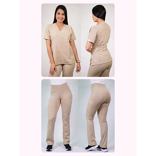 Dúo Clínico Delantal Cuello V + Pantalón Flexxy Beige — libreta de bolsillo para estudiantes de enfermería | Enfermera Rosada