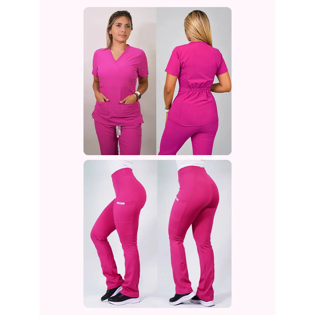 Dúo Clínico Delantal Cuello V + Pantalón Flexxy Fucsia — libreta de bolsillo para estudiantes de enfermería | Enfermera Rosada (1)